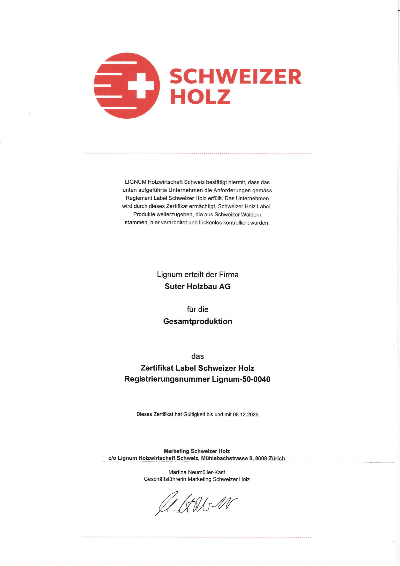 Zertifikat Label Schweizer Holz der Suter Holzbau AG