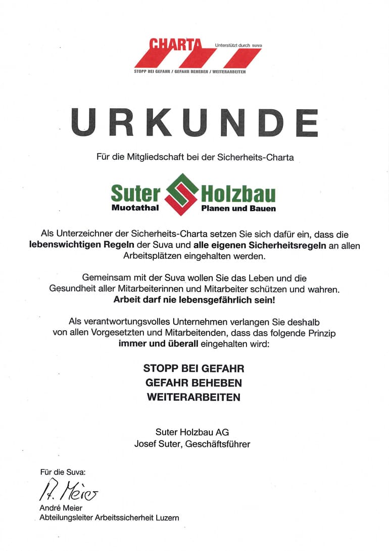 Urkunde für die Mitgliedschaft bei der Sicherheits-Charta