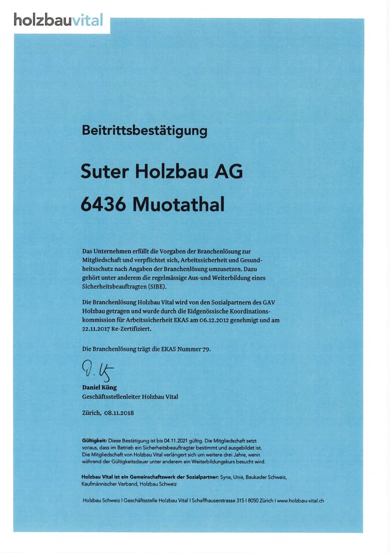 Beitrittsbestätigung Holzbau Vital – Arbeitssicherheit und Gesundheitsschutz